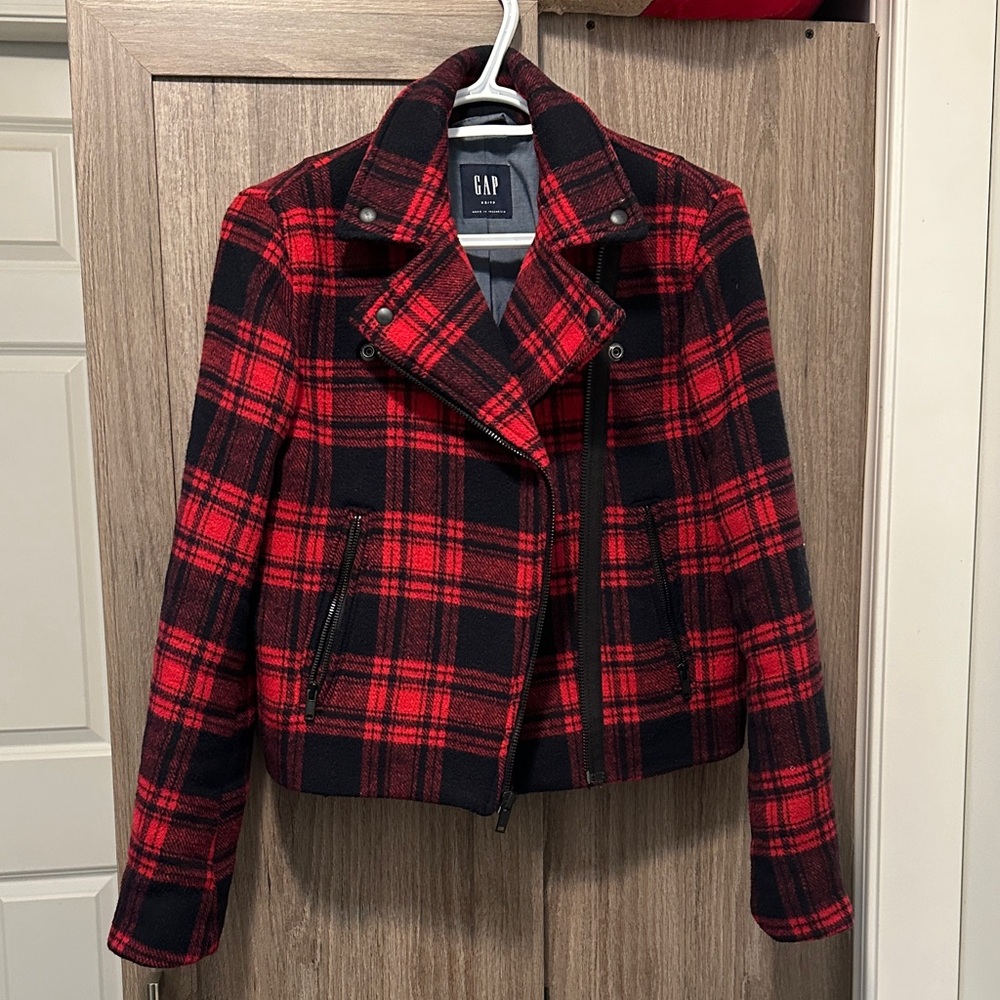 GAP Women's Black and Red Plaid Bomber Jacket